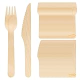 200 Stück Holzbesteck, 100 Holzgabeln, 100 Holzmesser, Wiederverwendbar Nachhaltiges Holzbesteck, Wiederverwendbar Geschirr Set aus Holz für Party, Geburtstag, Camping, Picknick