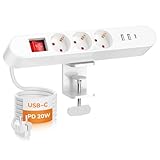 Tischsteckdose mit USB C PD 20W, 3 Fach Steckdosenleiste Schreibtisch mit Schaltbar, Steckdosenleiste mit USB Mehrfachsteckdose 2M Kabel, Schreibtisch Steckdose Klemmbar für Büro, Werkstatt, Weiß