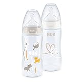 NUK First Choice+ Twin Set mit Temperature Control | kiefergerechter Trinksauger | 2x 300ml Flaschen | BPA-frei | 0-6 Monate | beige & weiß