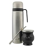 Mate KIT Delicatino EDELSTAHL PREMIUM (Termo Edelstahl 1L + Mate Becher Edelstahl schwarz + Bombilla HEXAGONAL 17cm)