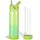 Isolierte Edelstahl-Wasserflasche mit Strohhalm, Keramikfutter, BPA-frei und auslaufsicher, 680 ml, Neon Dew