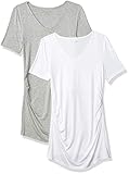 Amazon Essentials Damen Kurzärmeliges Umstands-T-Shirt mit V-Ausschnitt und Raffung, 2er-Pack, Hellgrau Meliert/Weiß, S