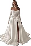Schulterfreies Satin-Brautkleid Mit Spitze LangäRmelig A-Linie Perlenspitze Applikation Funkelndes Brautballkleid Style3-ivory 9XL