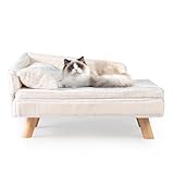 COSTWAY Katzensofa Luxus, Katzenbett erhöht, Katzencouch mit 2 abnehmbaren Kissens, Rückenlehne & Holzbeinen, Katzensessel Haustiersofa Weich, für mittelgroße & kleine Katzen, Hundesofa Indoor, Weiß