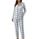 Hausanzug Damen Set Baumwolle - Nachtwäsche Damen Große Größen Kariertes Pyjama Kuschelanzug Zweiteiler Schlafshirt Und Schlafhose Weicher Sleepwear Klassische Loungewear Freizeitanzug 2-Teilig