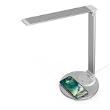 LED Schreibtischlampe Gelenkleuchte mit Induktionsladegerät, Architektenleuchte, Dimmer, warmweißes oder kaltes Licht, USB-A Anschluss, Hellgrau