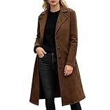 Damen Vintage Kunstleder Jacke Lange Ärmel Knopf Lange Lederjacke Oversized Wildleder Jacke, dunkelbraun, XL
