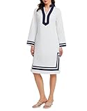 Ladyful Sommerkleid, Baumwolle, Etuikleid für Damen, langärmelig, Kaftan, Midi-Kleid, Stehkragen, lässig, Urlaub, Weiss/opulenter Garten, Klein