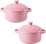 Auflaufförmchen Mit Deckel, Creme Brulee Förmchen, 300ml, Auflaufform Ofenfeste Gerichte, Atemförmchen, Auflaufförmchen Für Heißluftfritteuse-Set of 2,Pink