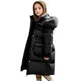 linboo Winterjacke Mädchen Mittlere Länge Wintermantel mit Fellkapuze Steppjacke Winddicht Daunenjacke mit Gürtel Parka Jacke Kinder Winter Mantel Outdoorjacke, Schwarz, 146-152(Herstellersgröße: 150)