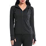 AMZSPORT Kapuzen-Sweatshirt, langärmlig, für Damen, Laufjacke, Sport, mit Daumenlöchern, 8003-Schwarz, 48