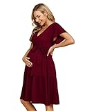 KOJOOIN Damen Umstandskleid V-Ausschnitt Stillkleid Casual Schwangerschafts Kleider mit Rüsche Burgundy(Kurzarm) M