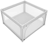 eSynic Baby Laufgitter Faltbares Foldable Playpen 127×127 cm Großes Playpen für Babys & Kleinkinder Spielgitter Indoor & Outdoor Laufstall mit Atmungsaktivem Mesh 50 Bälle Matte 4 Griffe Grausilbern