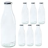 Vitrea 6 leere Glasflaschen 1 Liter Schraubverschluss Silber - Milchflaschen, Saftflaschen, große Flaschen zum Befüllen mit Deckel - für, Saft, Smoothies, Öl - 6 Stück, TO48, Milch