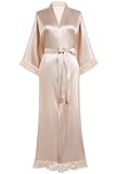 BABEYOND Damen Morgenmantel Lang Einfarbiger Bademantel Spitzen Ärmel Seide Satin Kimono Kleid Damen Sommer Robe Reine Farbe Schlafmantel (Lang - Champagner)
