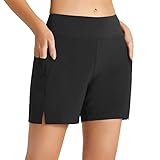 BALEAF Damen Badeshorts Bauchkontrolle Schwimmshorts Schnell Trocknend Hohe Taille Boardshorts Schwimmunterteil UPF50+ mit Taschen Schwarz S