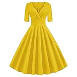 Frauen Vintage 50er Jahre Retro Kleid Off-Shoulder Sammeln Taille Verkauft Farbe Swing Samt Kleid Elegantes Kleid Party Kleid, gelb, Mittel