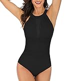 Aurueda Badeanzug Damen Bauchweg mit Bügel Einteilige Push up Schwimmanzug High Neck Rückenfrei Bademode Schwarz, Größe L