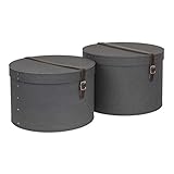 Bigso Box of Sweden 2er Set Aufbewahrungsboxen - Runde Aufbewahrungsbox mit Lederriemen - Große und kleine Hutbox Duo aus Faserplatte und Papier in Leinenoptik - Schwarz