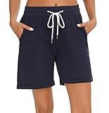 Yukiuiny Damen Bermuda Shorts 100% Baumwolle Sommer Sweatshorts Sportshorts mit Aufschlag Tasche Casual Locker Kurze Hose für Sport Freizeit Navyblau,XL