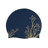 Badekappe Damen, Silikon Schwimmkappe, Badekappe Damen Lange Haare, Badehaube Wasserdicht (Blume, Dunkelblau+Gold)