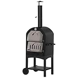 Outsunny 2-In-1 Pizzaofen Outdoor mit Rollen Grillofen mit Schutzhülle Pizzaschaufel 2 Grillnetzen Grillwagen mit Schornstein 3-Tier Holzbackofen für BBQ Stahl Schwarz+Silber 63 x 54 x 161 cm