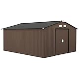 Outsunny Gerätehaus 12,4 m², Gartenhaus mit Pultdach, Schiebetür, Fundament, 340 x 386 x 200 cm, Geräteschuppen aus Verzinkter Stahl, wetterfest, für Garten, Braun