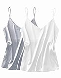 Ekouaer Spaghettiträger Top Damen 2er Unterhemd Seide Damen Satin Tank Top Sommer Silk Cami Ärmellose Sexy Camisole T-Shirt Blusentop Basic Casual Tank Bluse Shirt Weiß+Grau XL