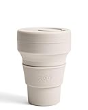STOJO Faltbarer Kaffeebecher für unterwegs, 355 ml, wiederverwendbarer und faltbarer Silikon-Reisebecher mit Deckel, tragbar, Taschenformat, spülmaschinenfest, Haferbeige