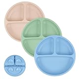 Vicloon Baby Teller, 3Pcs Silikon Rutschfester Baby Tischset mit 2 Paar Löffel+Gabel, BPA Frei, Geteilte Standfeste Babyteller Kleinkind Teller für Baby Kleinkind und Kinder(Dunkel Gefärbt)