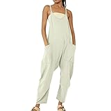 Lässiger ärmelloser Jumpsuit für Damen, V-Ausschnitt, Spaghettiträgern, Overall, lange Hose, Strampler mit zwei Taschen, Kleid Strampler und Jumpsuits für Frauen, beige, 5XL