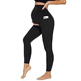 DDOBB Damen Umstandsleggings mit Taschen High Waist Umstandshose Blickdichte Schwangerschaftsleggings Weich Elastisch Umstandsmode Zuhause Yoga Sport(schwarz, L)