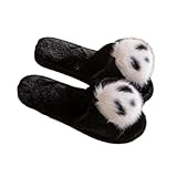 Flauschige Offene Zehen Panda-Hausschuhe Für Damen Pantoletten Mit Kuscheligem Futter Süße, Weiche Schlupfschuhe Sandalen Aus Kaninchenfell-Kunstfell(38/39 EU, Black)