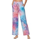 Dserfgiu Loungehose für Damen, weites Bein, Sweathose mit Taschen, Kordelzug, Fitnesshose für Freizeit, Reisen, Workout, Batik, 36