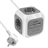 EXTRASTAR DE-Typ Power Cube 4-Fach Steckdosenwürfel mit 2 USB-Anschlüssen (5V/2.1A), 1.5M Kabel Power Würfel/Steckdosenblock/Mehrfachsteckdose/Steckdosen mit Kinderschutz - Grau