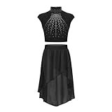 LCKKJHG Body Eiskunstlauf Kinder Mädchen Modern Lyrika Tanzkleid Strass Crop Top Chiffonrock 2 Stück Eiskunstlauf Kostüm Ballett Gymnastik Set (Schwarz, 6)