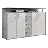 Stella Trading DRIFT Sideboard mit Ablage in Beton Optik, Weiß - Moderne Kommode mit Schubladen und viel Stauraum für Ihren Wohnbereich - 139 x 90 x 34 cm (B/H/T)