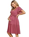 KOJOOIN Damen Umstandskleid V-Ausschnitt Stillkleid Casual Schwangerschafts Kleider mit Rüsche Rosa(Kurzarm) L