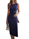 Jiraewh Damen ärmelloses Sommerkleid Bodycon Enges Bleistiftkleid Figurbetontes Elegantes Hochzeitsgast Midi Tank Kleider Mit Gürtel(S, 6009-Dunkelblau)