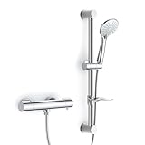FORIOUS Duscharmatur mit Thermostat, Cool-Touch-Design, mit 60 cm Edelstahl-Duschstange & verstellbarem Duschkopfhalter, 3 Strahlarten, 38 °C Sicherheitsverriegelung, Wassersparend, Chrom