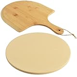 homEdge Pizzastein-Set, robuster runder Cordierit-Backstein für Brot, Pizza, thermisch stoßfester Kochstein mit Bambus-Pizzaschaufel, 25 cm (Durchmesser)