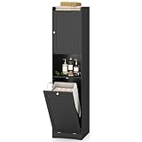 LIFEZEAL Badezimmerschrank, Hochschrank mit Wäschekorb & Regal, Schmaler Badschrank mit verstellbaren Ablagen, Mehrzweckschrank Aufbewahrungsschrank für Badezimmer, Wohnzimmer, Schlafzimmer (Schwarz)
