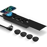 Frstem Versenkbare Steckdose Küche mit 4 Stück Kabeldurchlass,Einbausteckdose mit USB,Bietet einen USB-C Port, Drahtloses Qi-Laden, Zwei USB-A Ports und Zwei Steckdosen