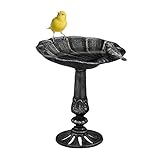 Relaxdays Vogeltränke, stehend, Vogelbad aus Gusseisen, winterfest, Garten Wasserschale mit Ständer, schwarz-silber