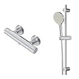 Set für Dusche: Brausethermostat& Duschset|Brauseset: Handbrause, Duschstange und Thermostat|Duschset und Duschthermostat, rund|Duscharmatur mit Thermostat für Badezimmer und Brauseset|F408LA46,Chrom