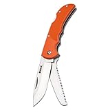 DMAX® Hunting Pocket Knife Duo - klappbares Jagdmesser mit Säge - Jagd Taschenmesser mit Kunststoff-Griff orange - Zweihand Backlock Klappmesser mit Gürtel-Tasche - coole Geschenk-Idee für Männer