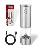 Elektrische Salz- und Pfeffermühle, Stufenlos einstellbarer Keramikmahlwerk aus Edelstahl, wiederaufladbar per USB, mit Bürste und Sichtfenster, Silber