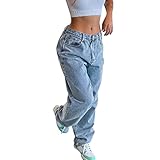 Damen Cargohose Baggy Low Waist Cargo Jeans Gerade Breites Bein Denim Hosen Y2k Aesthetic Vintage Jeanshosen 90er Streetwear Jeanshose Straight Leg Pants Loose Fit Boyfriend Pants