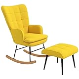 HOMCOM Schaukelstuhl Schwingsessel mit Hocker, Armlehnsessel, Stillsessel mit Leinenoptik, Schaukelsessel bis 130 kg Belastbarkeit für Schlafzimmer, Wohnzimmer, Gelb