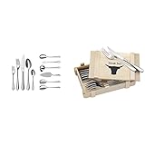 WMF Merit Besteck Set 12 Personen, 66 teilig & Steakbesteck 12-teilig, Steakbesteck Set für 6 Personen, Steakmesser, Steakgabel, Cromargan Edelstahl poliert, Grillbesteck in Holzkiste